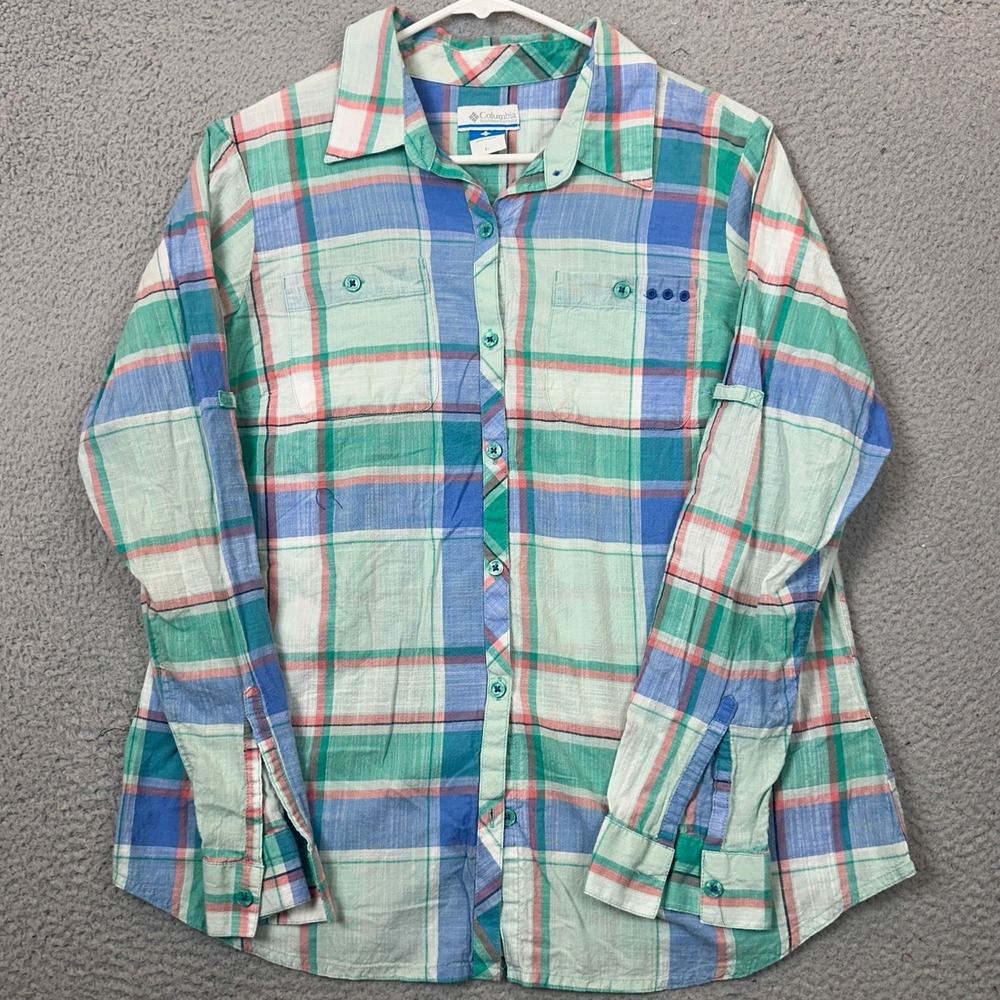 Columbia PFG Shirt Womens Large Performance Fishing Gear Green Plaid Button Up